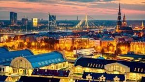 Skyline in Lettland Riga mit der Vanšu-Brücke