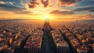 City Skyline von Barcelona mit der Sagrada Familia bei Sonnenuntergang