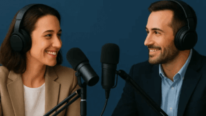 Zwei Sprecher vor Mikrofonen